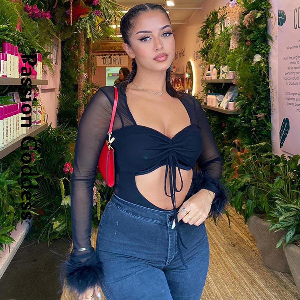 Sexy Women Cute Feathers Bodysuits Pink Fur Sleelve Drawstring Rompers Outfits Hollow Out Mesh Bodysuit Party Nightclub Overalls