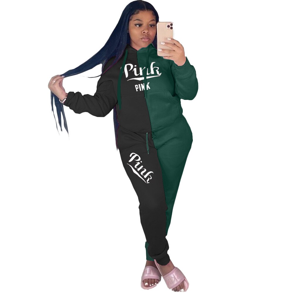 FAGADOER Autumn PINK Embroidery Two Piece Sets Tracksuit Women Outfits Patchwork Long Sleeve Sweatsuits Hoodies Pants Sets Suit