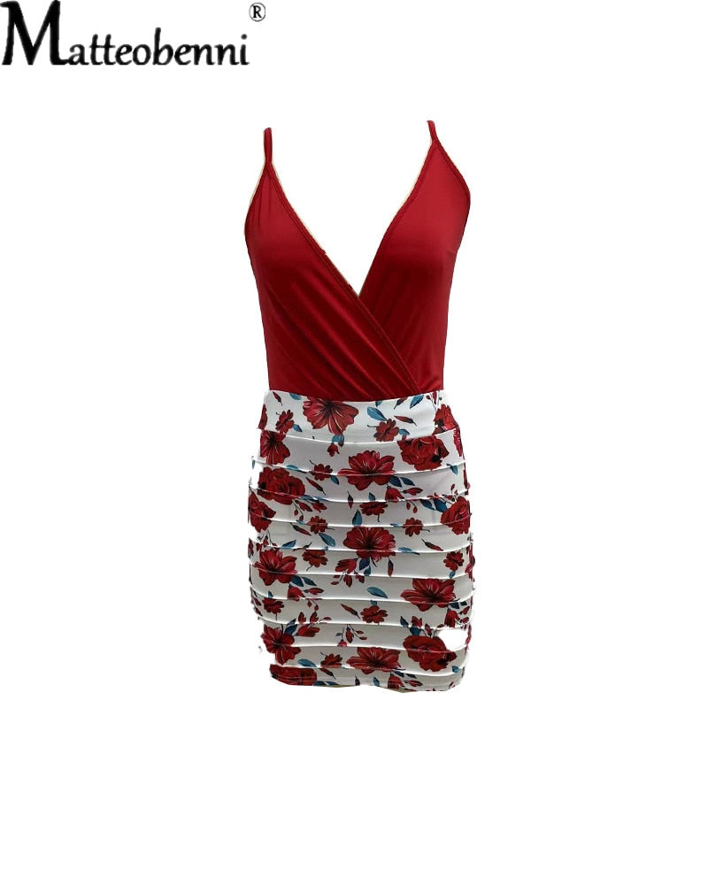 Sexy V-Neck Spaghetti Strap Floral Print Women Skirt Romper Playsuit Female Beach Folds Sleeveless 2022 Fashion Casual Jumpsuit
