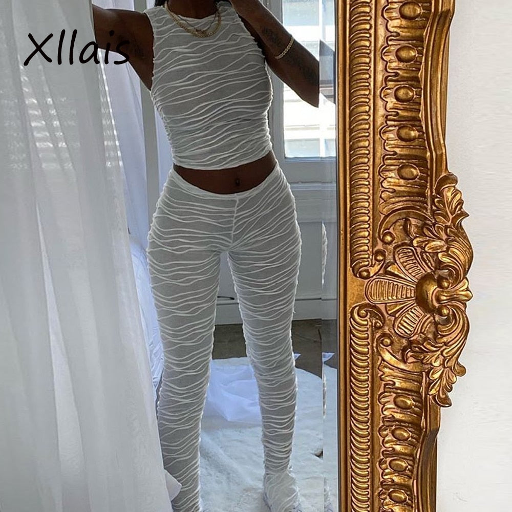 XLLAIS White Fashion Cute Sleeveless Tank Tops High Wasit Pencil Pants Two Piece Sets Women Sexy O-Neck Vests Slim Trousers