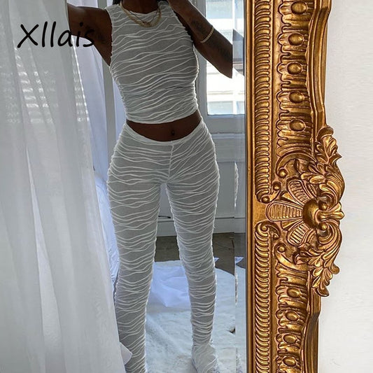 XLLAIS White Fashion Cute Sleeveless Tank Tops High Wasit Pencil Pants Two Piece Sets Women Sexy O-Neck Vests Slim Trousers