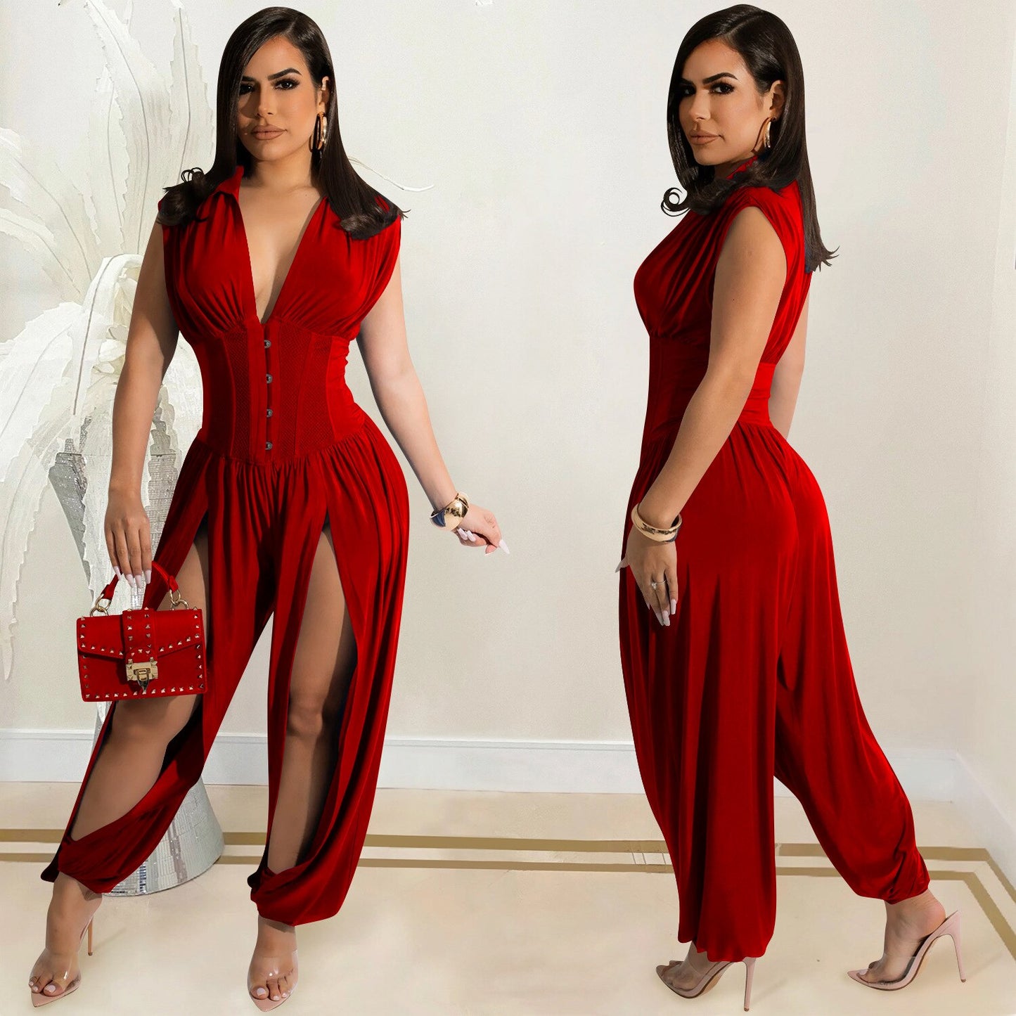 Echoine Woman Fashion Solid Sexy Deep V Neck Sleeveless Hollow Out Long Jumpsuit Casual Intellectual Club Party Romper Overalls
