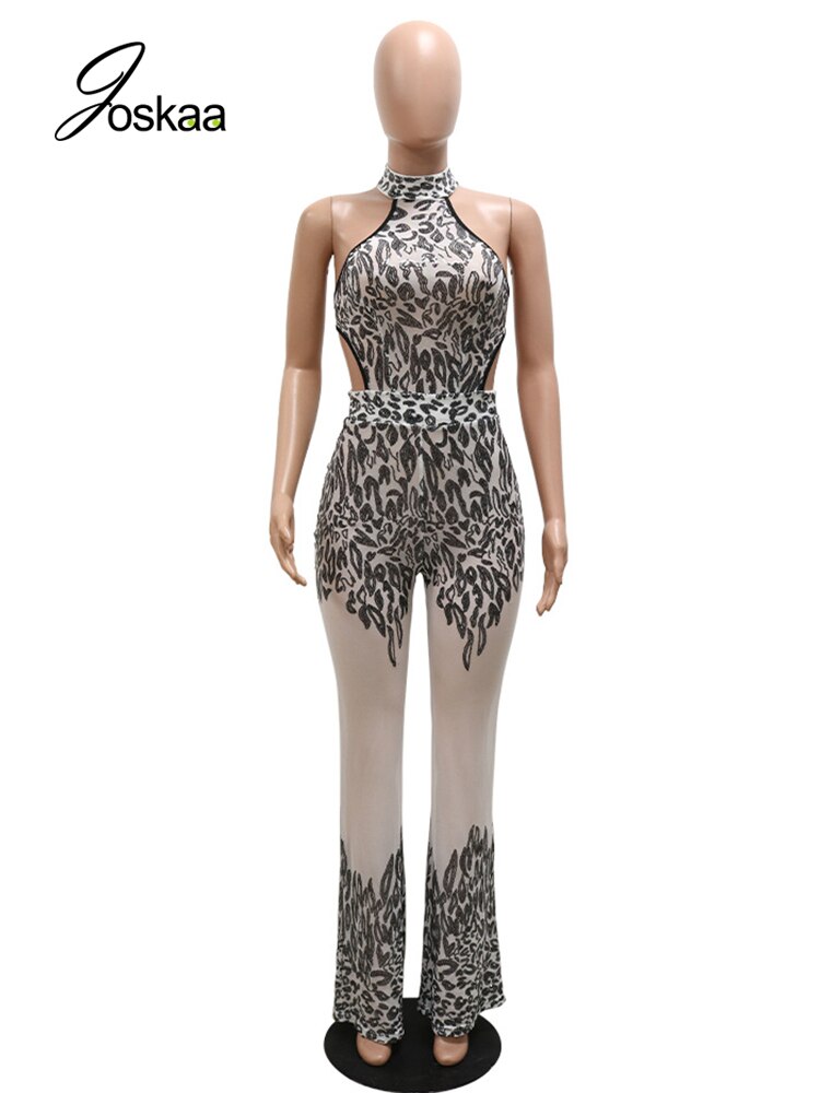 Joskaa Sequin Splice Nude Mesh Sheer Jump Suits for Women 2022 Fashion Halter Backless Wide Leg Jumpsuit Sexy Club Outfits
