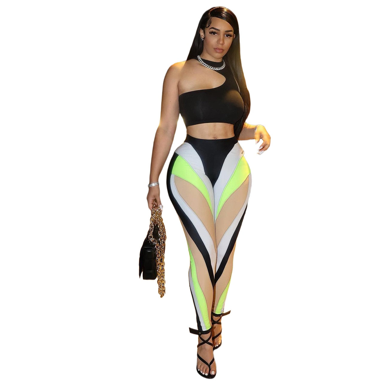Color Block Summer 2 Piece Set Outfits Sexy One Shoulder Sleeveless Crop Top + Push Up Leggings Skinny Club Matching Set Sport