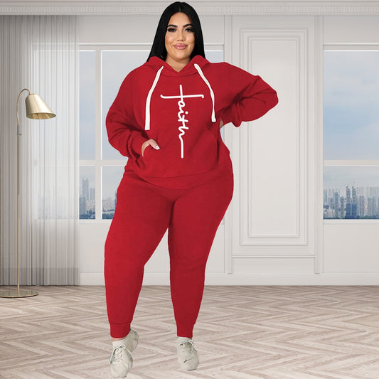 Trendy Tracksuit Sets Plus Size Women Clothing 2 Piece Sets Fashion Pocket Sweatshirt Print Stretch Sports Pants Suits Wholesale