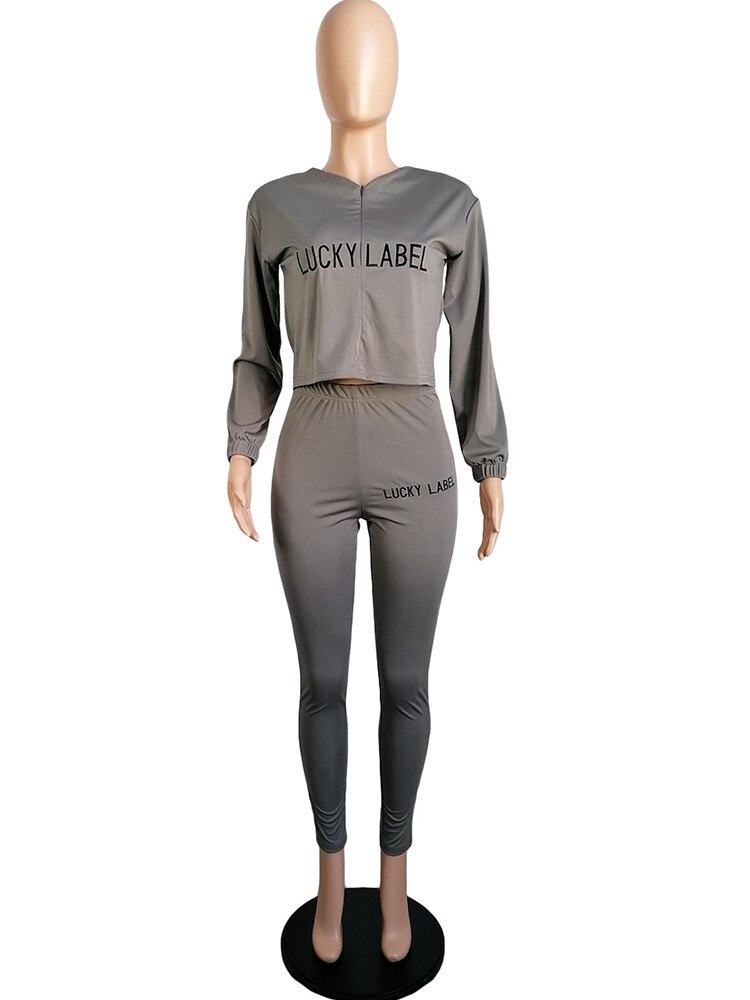 LUCKY LABEL Embroidery Long Sleeve Loose Crop Top and Skinny Pencil Legging Casual Sweatsuits 2 Piece Matching Set Co-ord Outfit