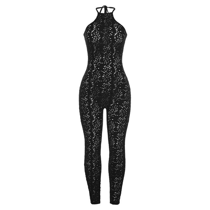 Soefdioo Halter Mesh Hollow Out Bodycon Romper Women Jumpsuits Summer 2022 Sexy Backless Balck Jump Suit Fashion Sportswear