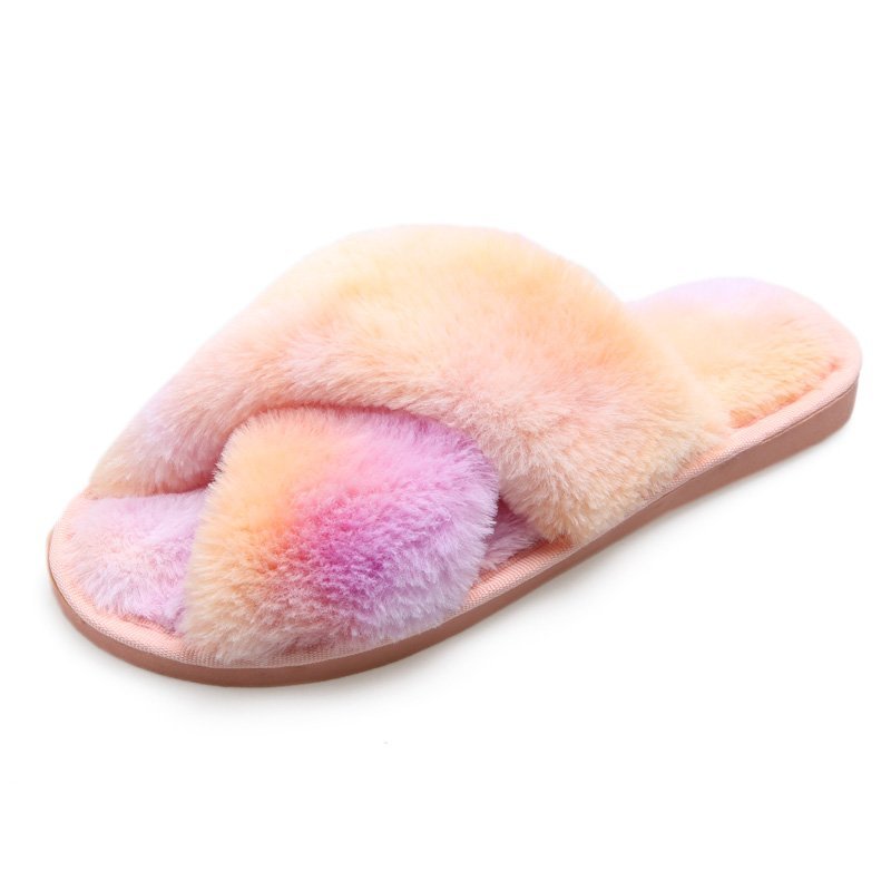 Winter Mixed-Color House Women Fur Slippers Rainbow Color Bedroom Girls Plush Shoes Open Toe Indoor Ladies Furry Slippers