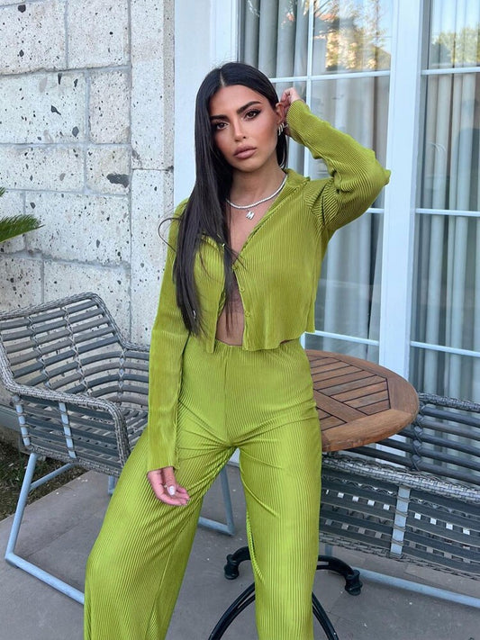 Women Pleated Sets Long Sleeve Blouse Two Piece Sets Casual Outifits Tracksuit Green Loose High Waist Wide Leg Pants Suits 2022
