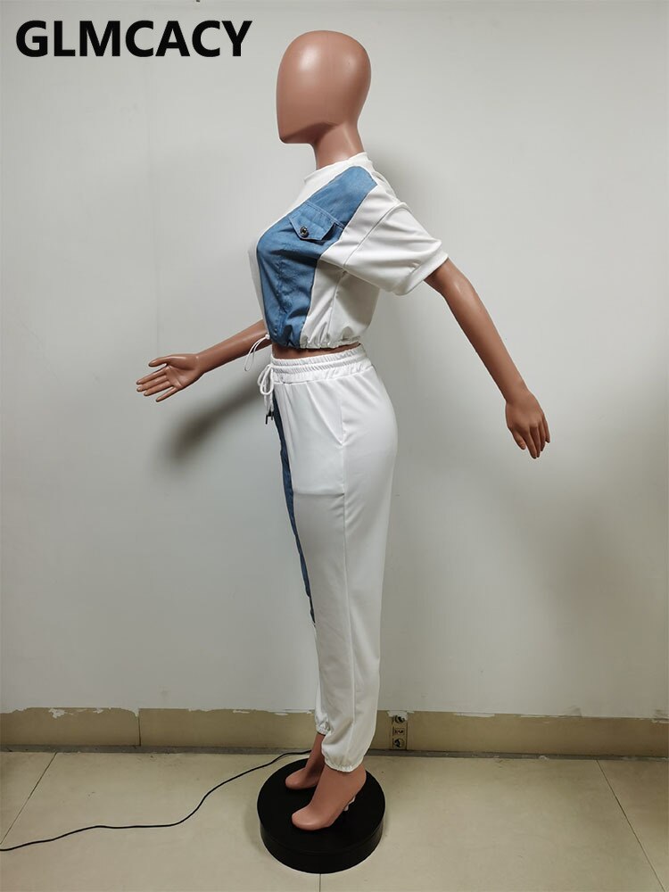 Women Two Piece Colorblock Denim Patchwork Suits Short Sleeve Crop Top &amp; Slim Pants Set