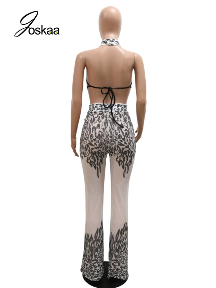 Joskaa Sequin Splice Nude Mesh Sheer Jump Suits for Women 2022 Fashion Halter Backless Wide Leg Jumpsuit Sexy Club Outfits
