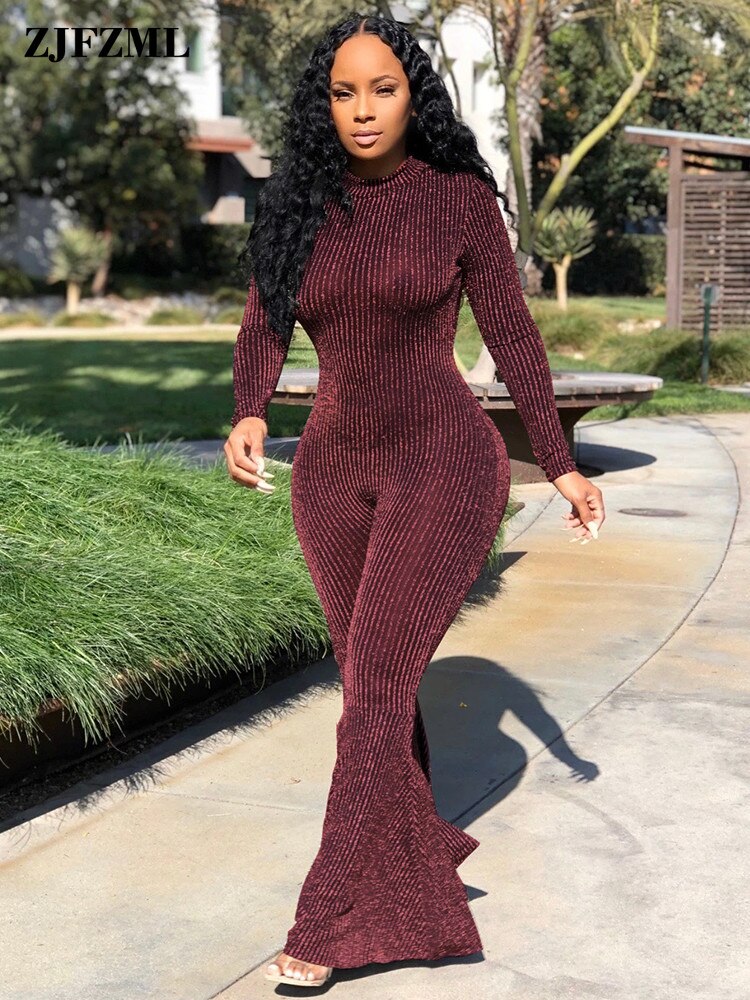 Bling Lurex Sexy Bell Bottom Bodysuit Long Sleeve Striped Flare Jumpsuit Party Night Club Ladies One Piece Bodycon Bodysuit