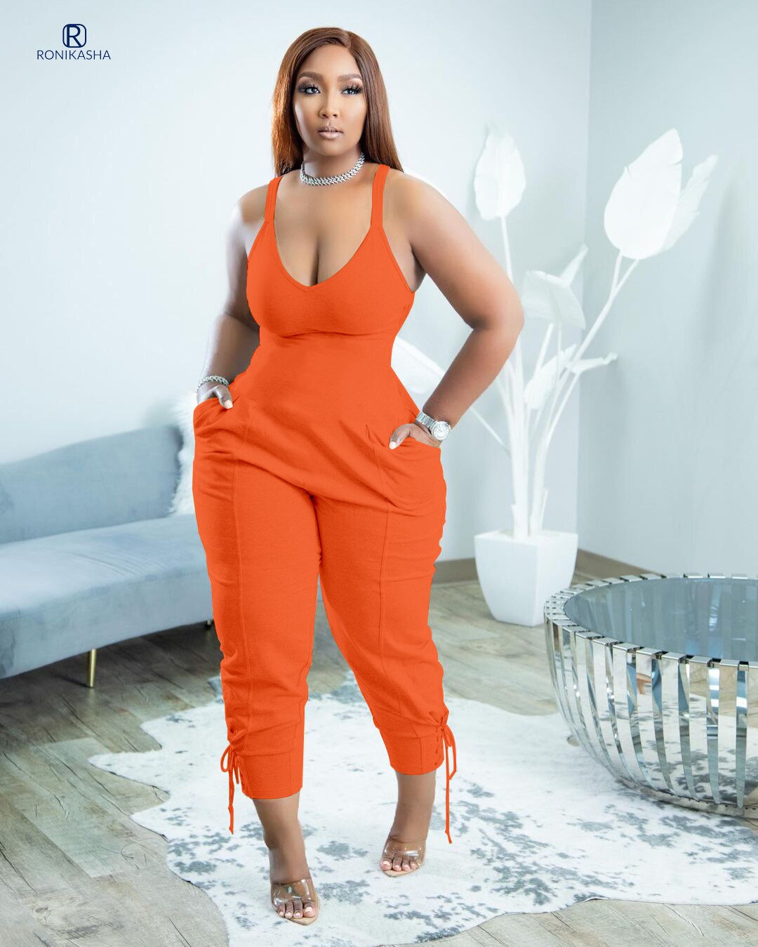 Ronikasha Jumpsuits for Women Sleeveless V Neck Zip Back Lace Up Tank Long Romper One Piece Set