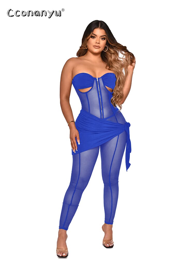Nightclub Party Sexy Off Shoulder See-through  Zipper Bodycon Romper One Piece Long Pants Jumpsuit Women 2022 Elegant Overalls
