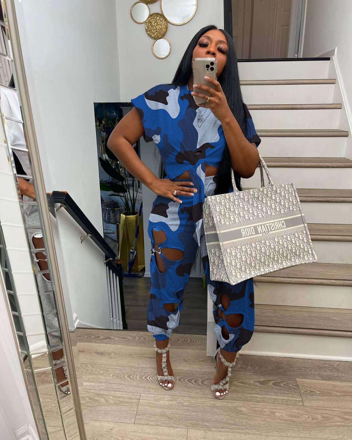 Women Pant Sets Casual Suits Camouflage Short Sleeve Tie Front Crop Top T Shirt &amp; Hollow Out Pants Sets Women Two Piece Suit