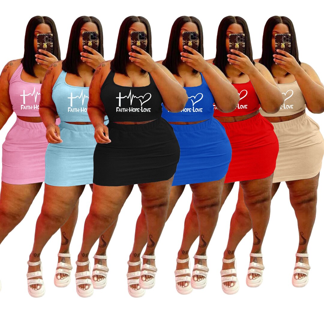 Plus Size Women Skirts Sets 4XL 5XL Sleeveless Tank Crop Tops Outfits Summer New Print Casual Sexy Large Size 2 Piece Skirt Suit