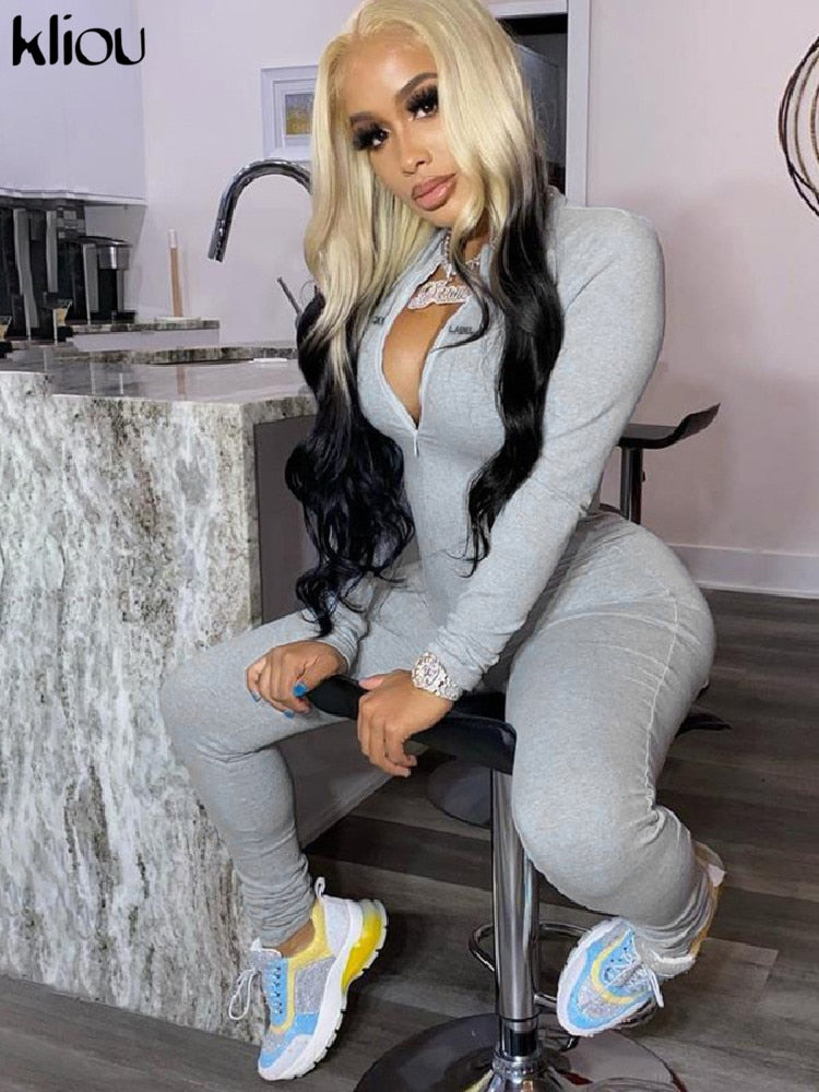Kliou Letter Embroidery Solid Stacked Zipper Jumpsuits Women Autumn Rompers V-neck High Waist Elastic Female Sporty Streetwear