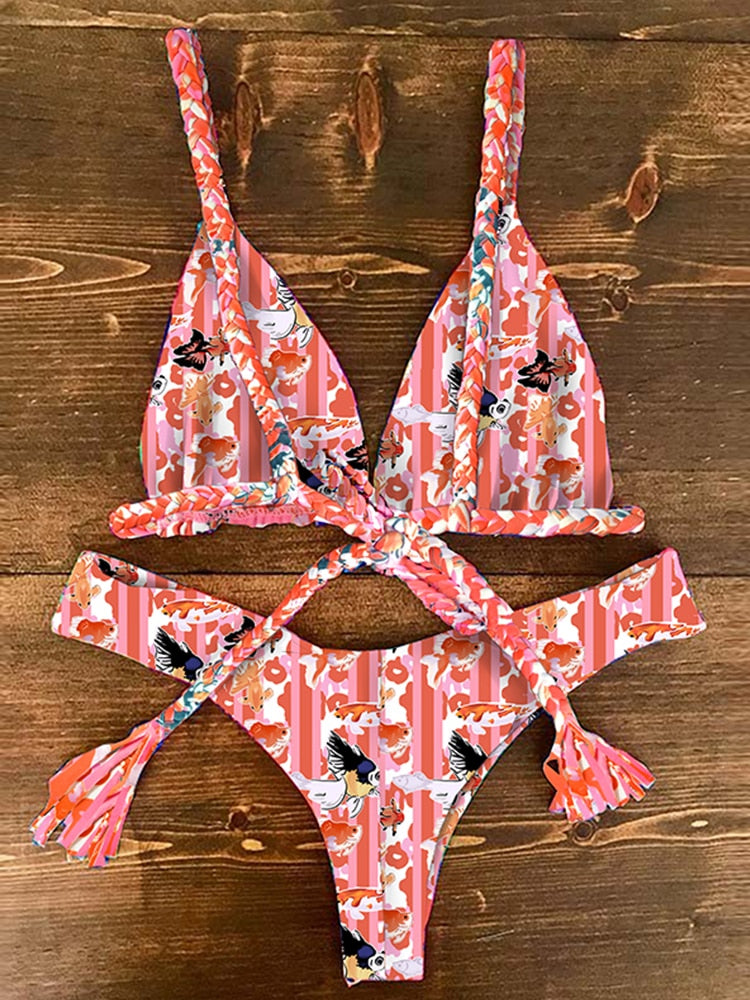 2022 Bikini Set Women Swimwear Push Up Swimsuit Top Solid Bottom Print Brazilian Biquini Bathing Suit Swim Wear Beach