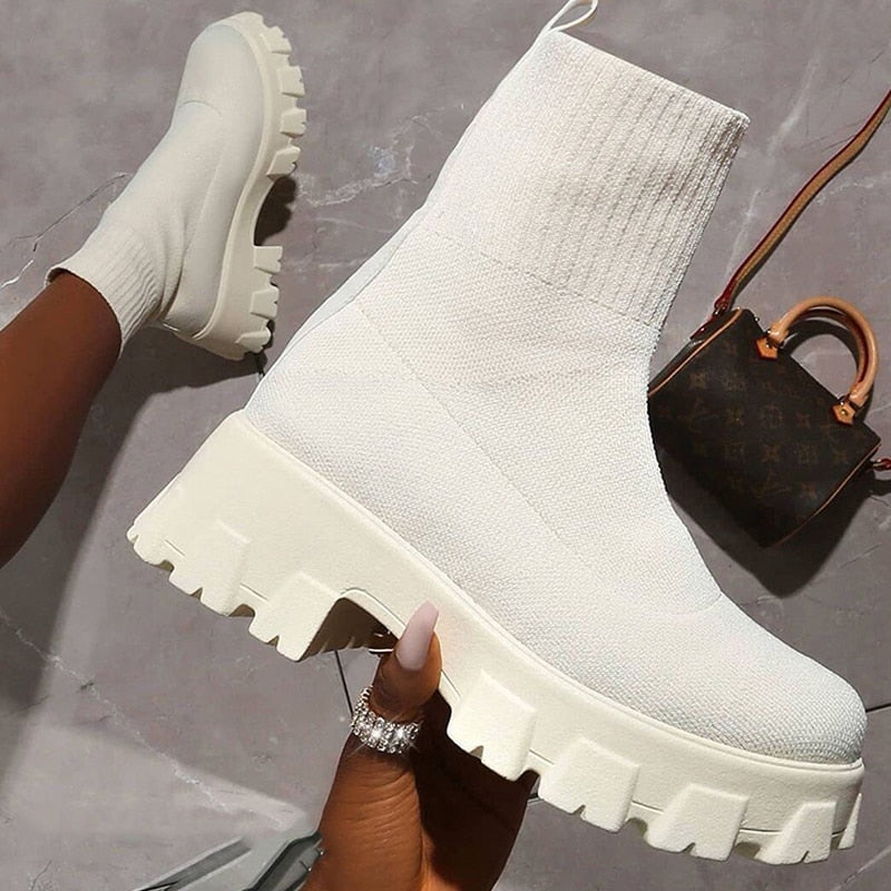 Women Boots Autumn Winter Boots Slip on Socks Shoes Women 2022 Platform Boots with Heels Botas De Mujer Knitted Botines Female