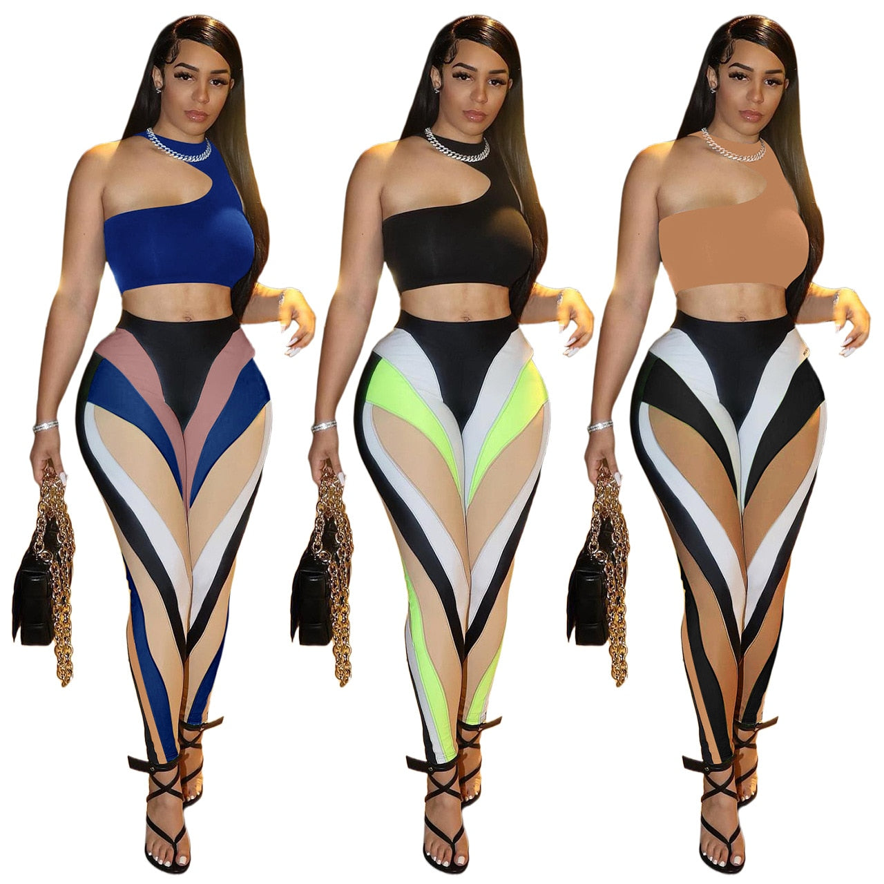 Color Block Summer 2 Piece Set Outfits Sexy One Shoulder Sleeveless Crop Top + Push Up Leggings Skinny Club Matching Set Sport