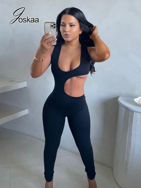 Joskaa Solid Irregular Cut Out Sleeveless Bodycon Rompers and Women Jumpsuits Summer 2022 Sexy Fitness Workout Jump Suits