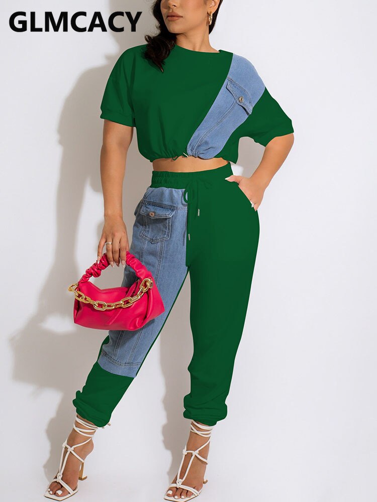 Women Two Piece Colorblock Denim Patchwork Suits Short Sleeve Crop Top &amp; Slim Pants Set