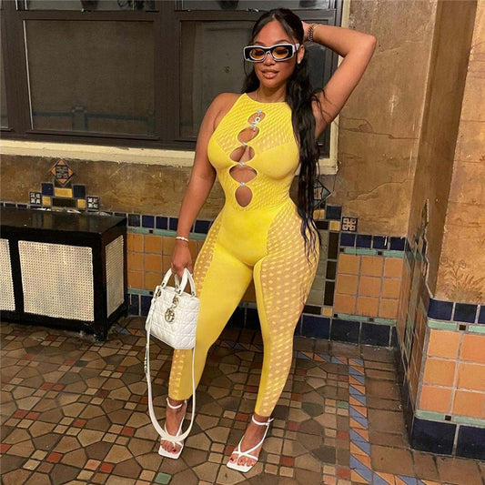 hirigin Mesh Patchwork Women Sleeveless Cut out Jumpsuit Skinny Sexy Streetwear Sportswear Long pant Rompers 2022 Summer Outfits