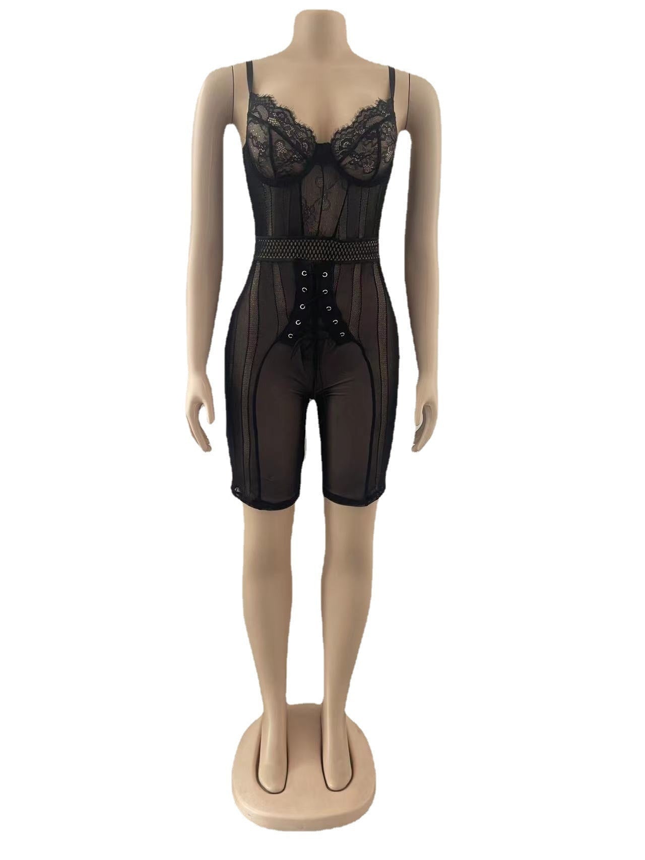 Sexy Lace Playsuit Romper Summer Sling Grommet Lace Up See Through steel ring Shorts Bodycon Club Party Jumpsuit One Piece
