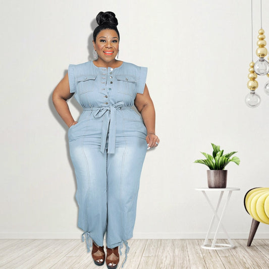 Women Clothing Summer Denim Jumpsuit Washed Jeans Romper Buttons Jump Suit Cowboy Wide Leg Pant Jumpersuit Streetwear
