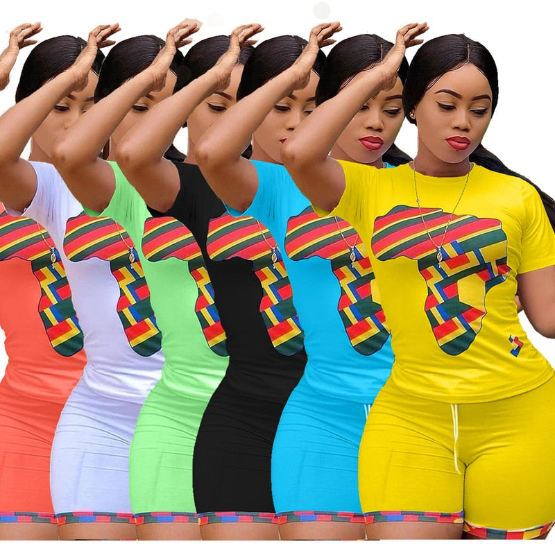Summer 2 Piece Matching Set Women Tracksuit Map Print Short Sleeve Slim Fit Top Bodycon Short Sweat Suit Lounge Wear Outfits