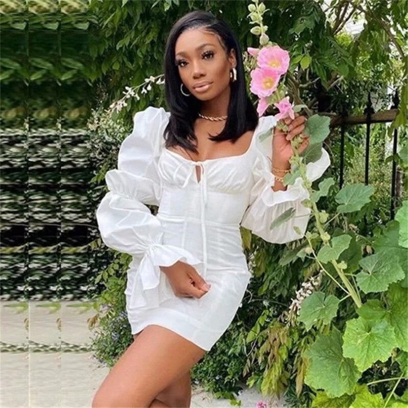 Kayotuas Women Dress Lace-Up Puff Sleeve Bodycon Sexy Backless Zipper Mini Fall 2023 Fashion Streetwear Vintage Clothes 90s