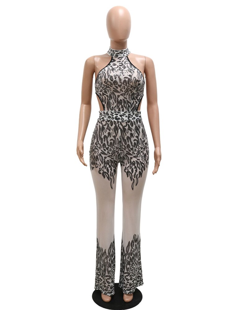 Joskaa Sequin Splice Nude Mesh Sheer Jump Suits for Women 2022 Fashion Halter Backless Wide Leg Jumpsuit Sexy Club Outfits