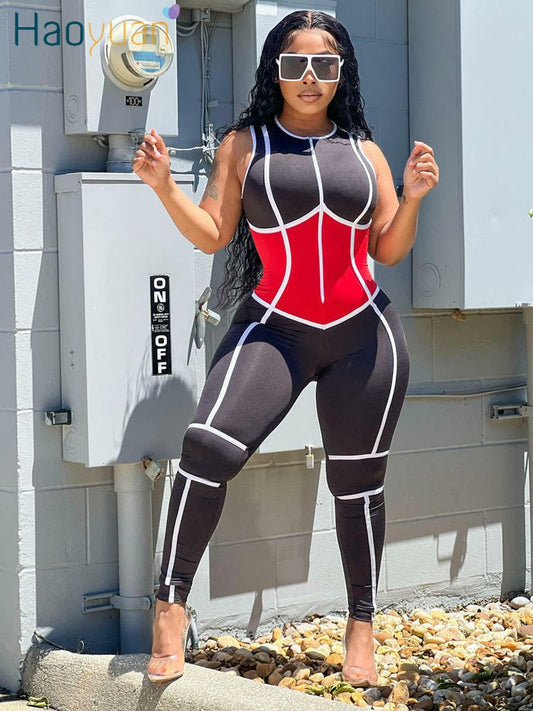HAOYUAN Fashion Sport One Piece Jumpsuit Splicing Zip Up Sleeveless Bodycon Jump Suits Sexy Outfits for Women Rompers Wholesale