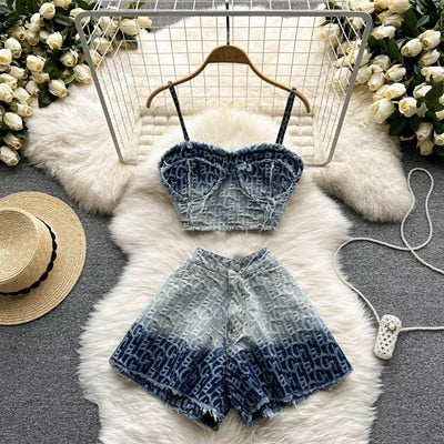 Summer Two Piece Set Women's Denim Suits With Shorts Spagetti Strap Crop Top And High Waist A-Line Short Sexy Outfits For Woman