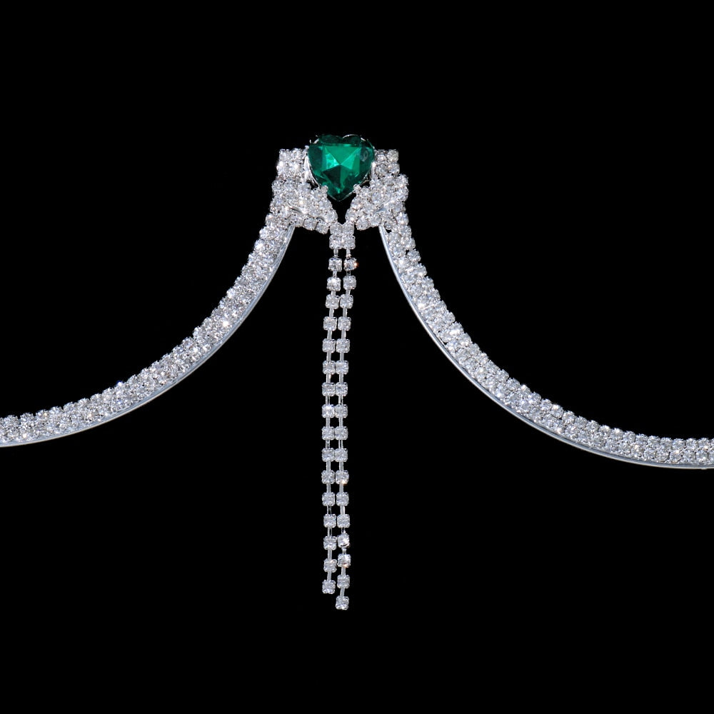 Stonefans Luxury Green Heart Crystal Chest Bracket Lingerie Chain Ladies Rhinestone Breast Bra Chain Sexy Bikini Outfits Jewelry
