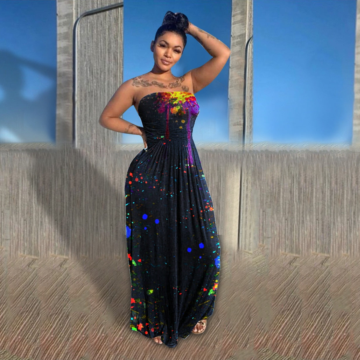 Women Casual Strapless High Waist Loose Hem Maxi Dress for Streetwear Beach Sexy Summer Floor Length Long Dresses