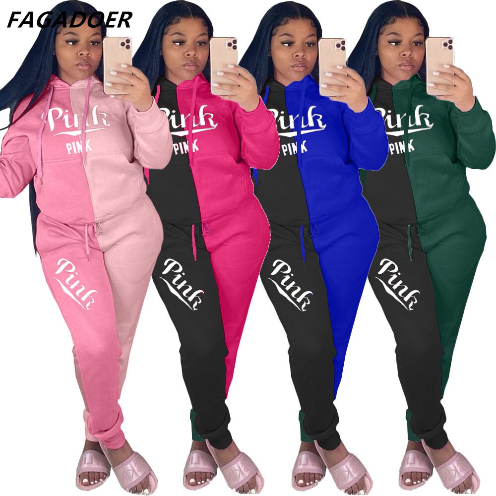 FAGADOER Autumn PINK Embroidery Two Piece Sets Tracksuit Women Outfits Patchwork Long Sleeve Sweatsuits Hoodies Pants Sets Suit