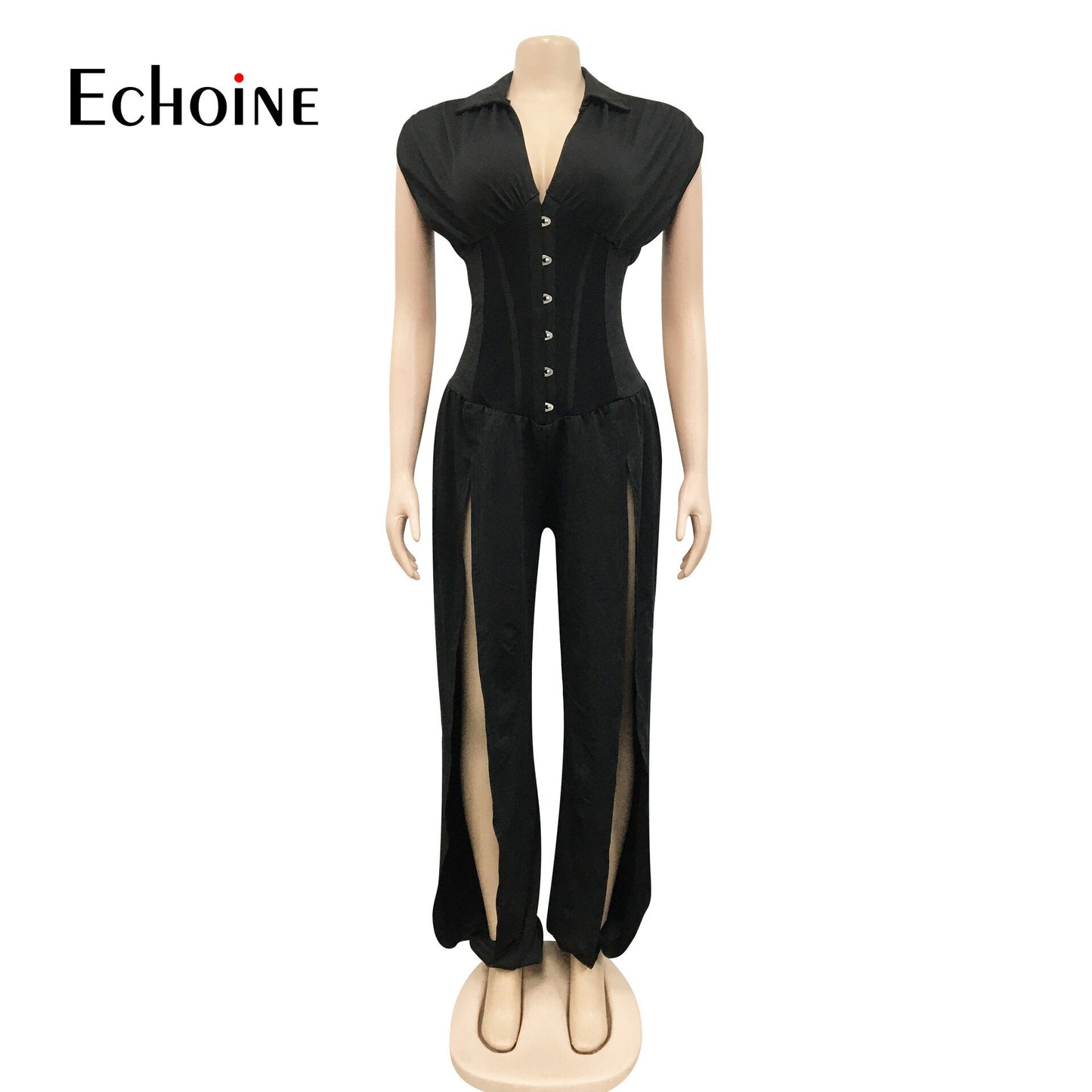 Echoine Woman Fashion Solid Sexy Deep V Neck Sleeveless Hollow Out Long Jumpsuit Casual Intellectual Club Party Romper Overalls