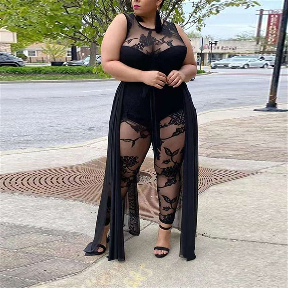Black Sleeveless Jumpsuit Women Elegance Summer Street Wear Round Collar Lace Flocking Print Casual Base Wholesale Dropshipping