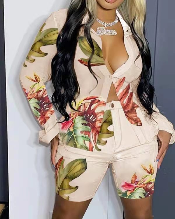 Women Chic Elegant All Over Print with Floral Turn Down Collar Button Straight Blazer Short Sets Summer Two Piece Set
