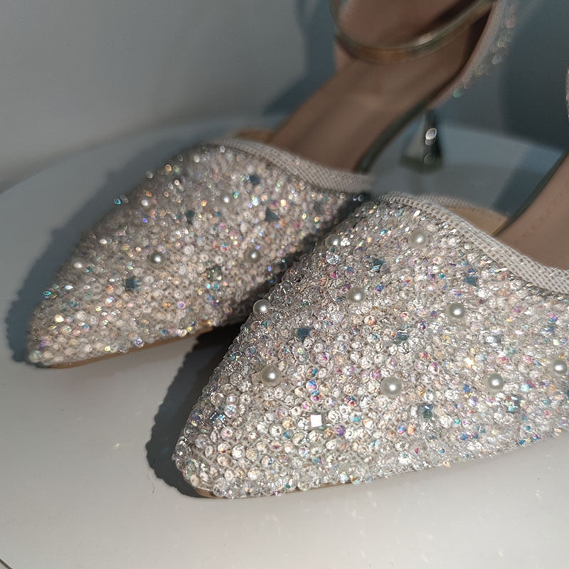 Rimocy Bling Shiny Women Pumps 2022 New Ankle Strap Crystal High Heels Shoes Woman Pointed Toe Thin Heel Wedding Party Shoes