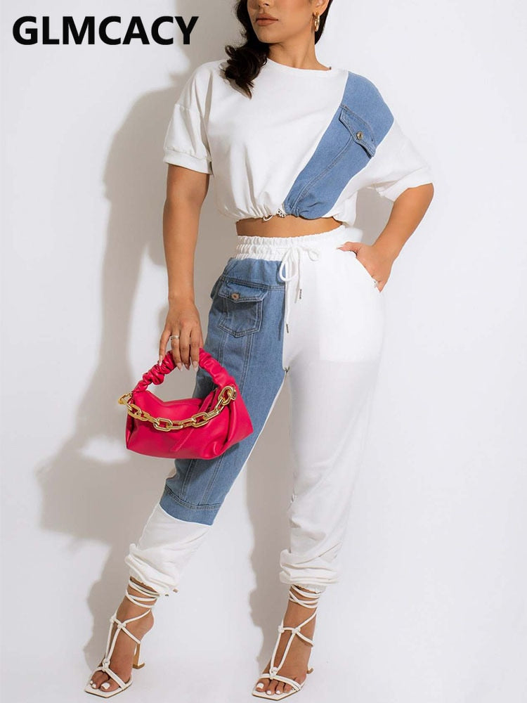 Women Two Piece Colorblock Denim Patchwork Suits Short Sleeve Crop Top &amp; Slim Pants Set