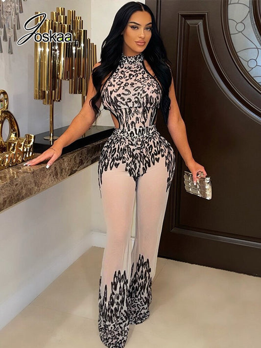 Joskaa Sequin Splice Nude Mesh Sheer Jump Suits for Women 2022 Fashion Halter Backless Wide Leg Jumpsuit Sexy Club Outfits