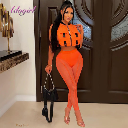 Fitness Sporty Two Piece Sets Women Summer Tracksuit Solid Zips Jackets Tops Sheer Mesh Leggings Pants Outfit Party Club Suits