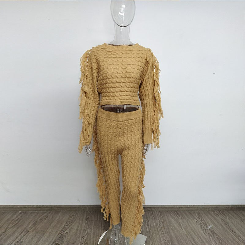 ANJAMANOR Tassel Knitted Sweater Sexy Two Piece Set Matching Pants Sets Fashion Winter Outfits for Women 2021 Wholesale D62-HZ95