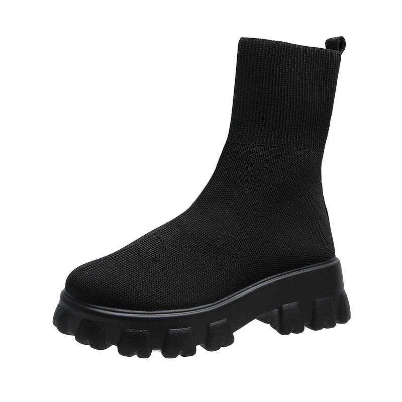 Ankle Sock Stretch Boots Designer Chunky Platform Snow Boots 2021 New Winter Warm Fashion Mid Heels Knitting Chelsea Women Shoes