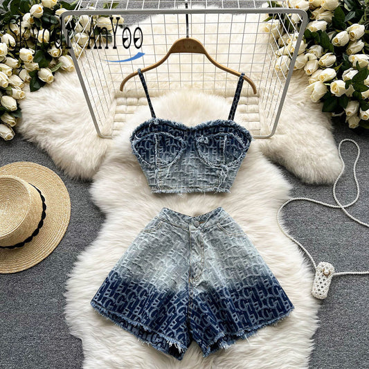 Summer Two Piece Set Women's Denim Suits With Shorts Spagetti Strap Crop Top And High Waist A-Line Short Sexy Outfits For Woman