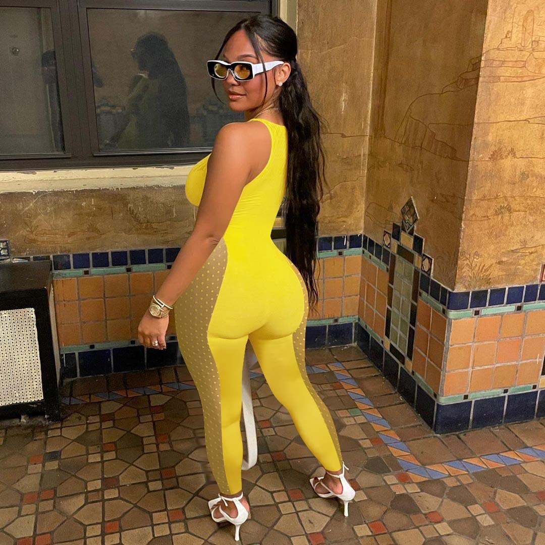 Mesh Jumpsuit Women Summer See Through Elegant Black White Yellow Jump Suits Cut Out One Piece Outfits Monos Mujer Clubwear 2022