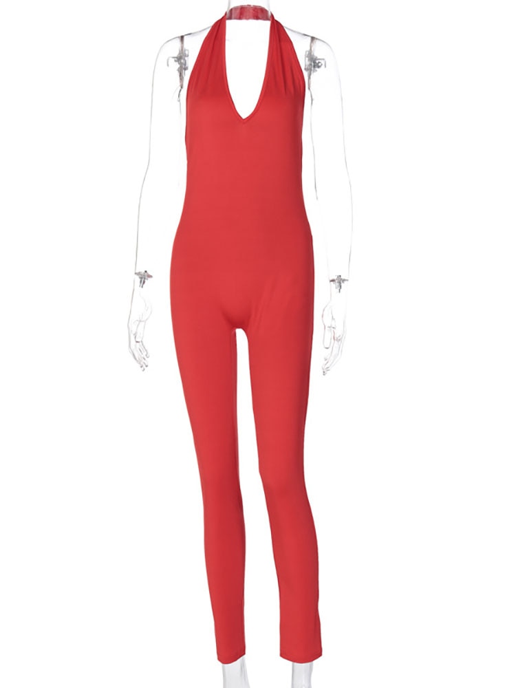 Simenual Solid Bodycon Halter Women Long Jumpsuits Skinny Backless Sleeveless Workout Overalls Sportswear Fashion Basic Jumpsuit