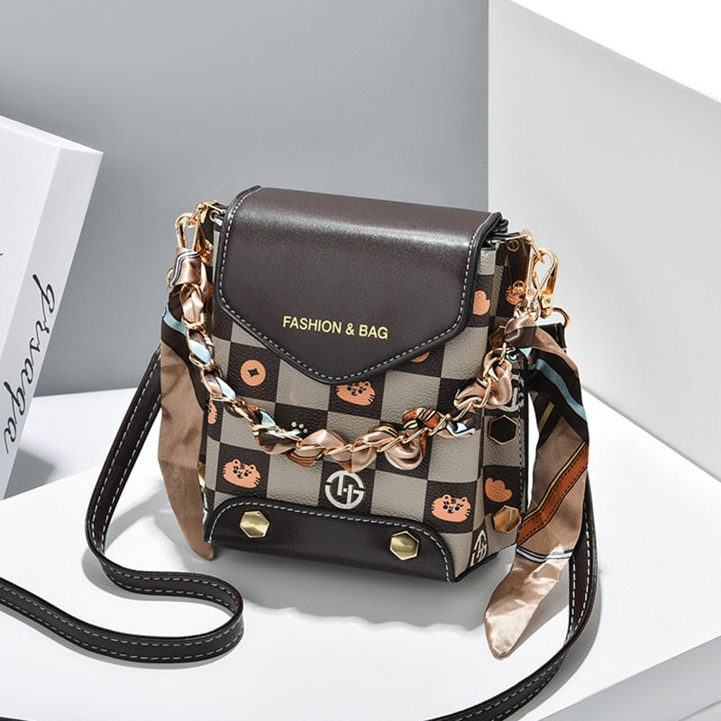 Fashion Women Pattern Shoulder Bag Hardware Chain Strap Color Block Messenger Handbag Composite Cross Body Bag